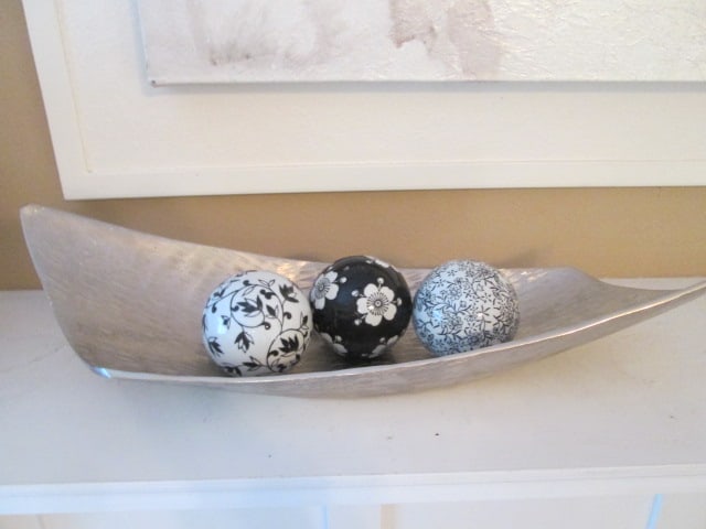 Free Form Silver Cast Metal Console Bowl with Three Black/White Ceramic Orbs: Bowl 21" long, orbs 3"dia