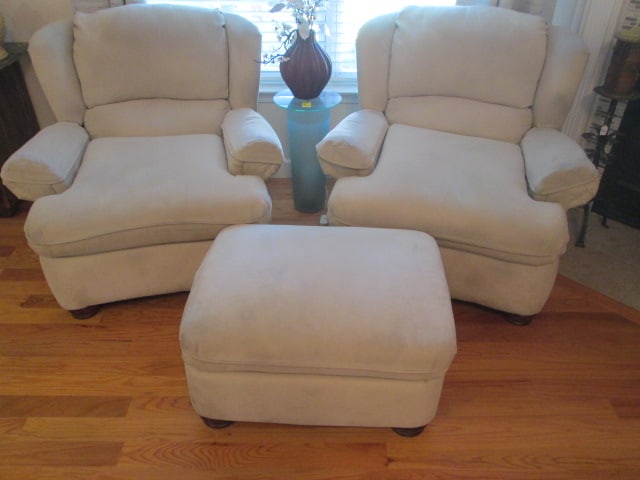 Pair of Rolled Arm Microfiber Armchairs and Matching Ottoman: Chairs 38"w, ottoman 29" x 23" x 17", chairs have arm sleeves, some spot cleaning needed, Local Pickup Only