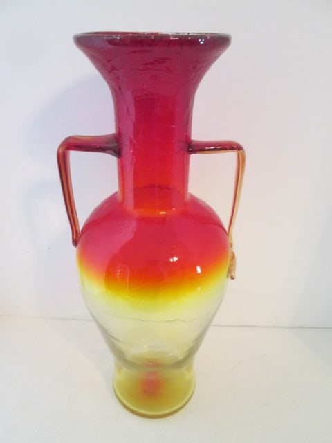 Blenko Style Amberina Crackle Glass Urn with Applied Handles: 15 1/2"h