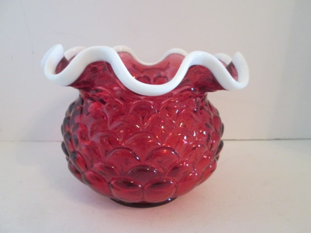 Fenton Cranberry Crested Ruffle Bowl Optic Petal Design: 7 1/2"dia x 5 1/2"h, has Fenton oval in relief on bottom
