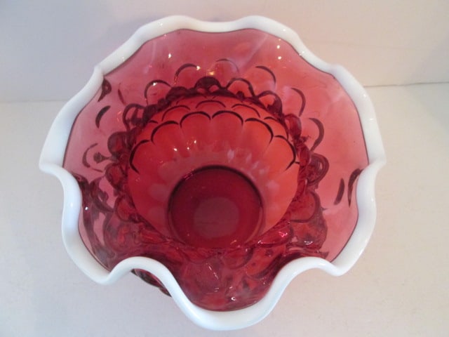 Fenton Cranberry Crested Ruffle Bowl Optic Petal Design - 2