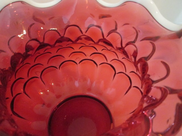 Fenton Cranberry Crested Ruffle Bowl Optic Petal Design - 3