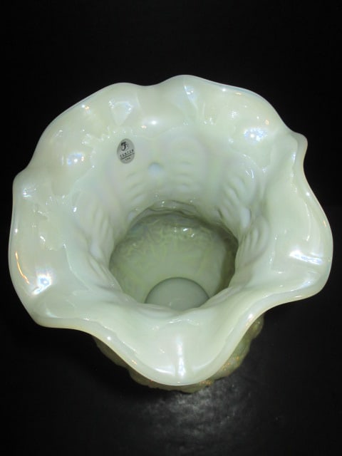 Tall Fenton Yellow Opalescent Puffy Floral Design Ruffle Vase - 3