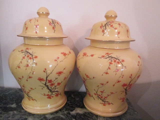 Pair of Hyalyn Cherry Blossom Motif Ginger Jars: 12 1/2"h