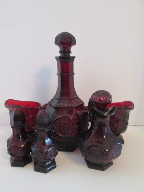 Midcentury Avon Cranberry Cape Cod Creamers, Cruet, Shakers and Stoppered Bottle (1 of 7)