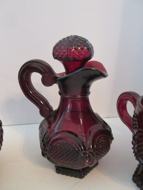 Midcentury Avon Cranberry Cape Cod Creamers, Cruet, Shakers and Stoppered Bottle - 4