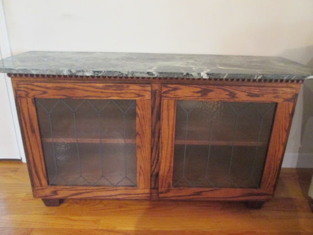 Traditional Oak Console with Leaded Glass Doors and Bowfront Marble Top (1 of 5)