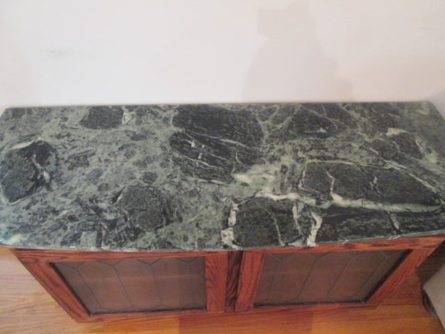 Traditional Oak Console with Leaded Glass Doors and Bowfront Marble Top - 2