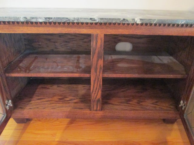 Traditional Oak Console with Leaded Glass Doors and Bowfront Marble Top - 3