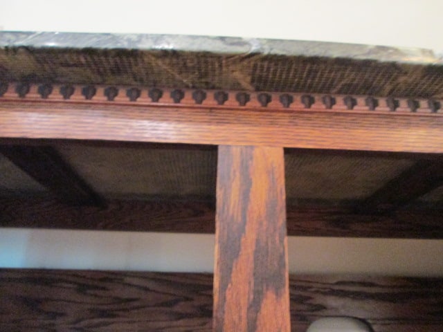 Traditional Oak Console with Leaded Glass Doors and Bowfront Marble Top - 5