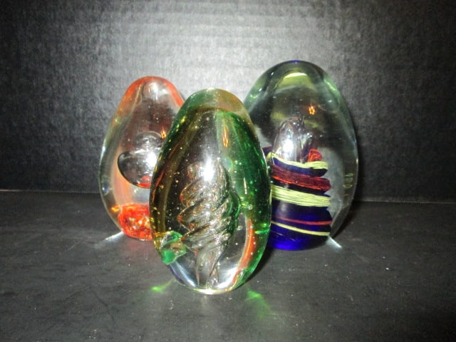 Three Hand Blown Egg Shape Paperweights with Multicolor Pulled Ribbon Swirl Designs (1 of 5)