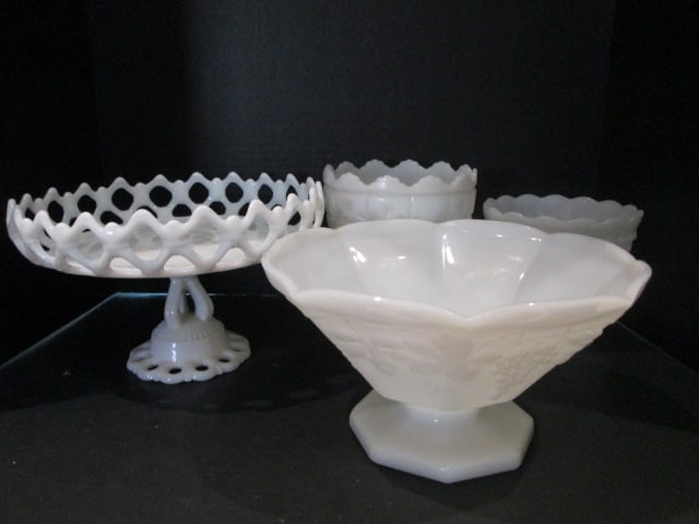 Midcentury Milk Glass and White Glass Footed Centerpiece Bowls, Pedestal Vase and Planter: Lattice edge centerpiece has been repaired