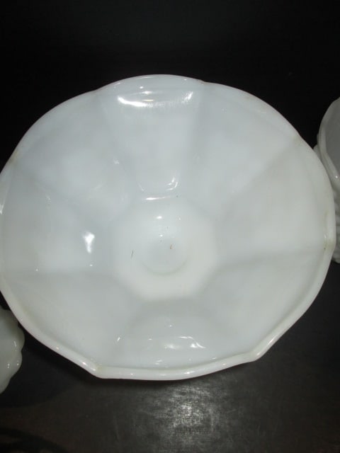 Midcentury Milk Glass and White Glass Footed Centerpiece Bowls, Pedestal Vase and Planter - 7