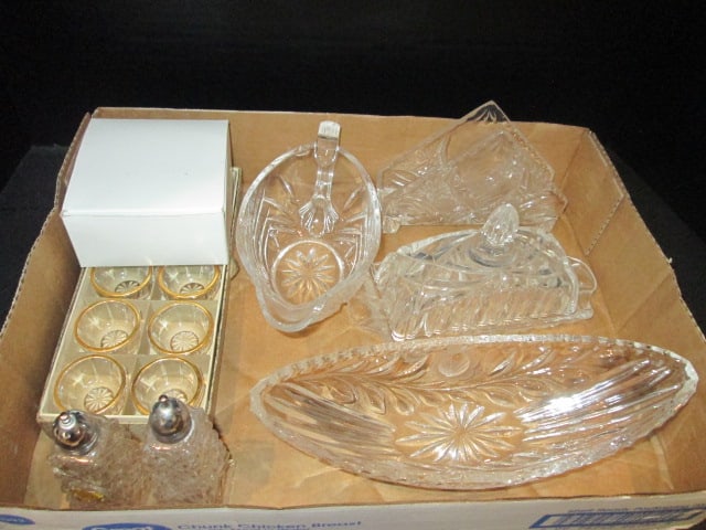 Crystal Tableware-Butter Dish, Napkin Holder, Napkin Rings, Salts, Banana Boat Dish and (1 of 12)
