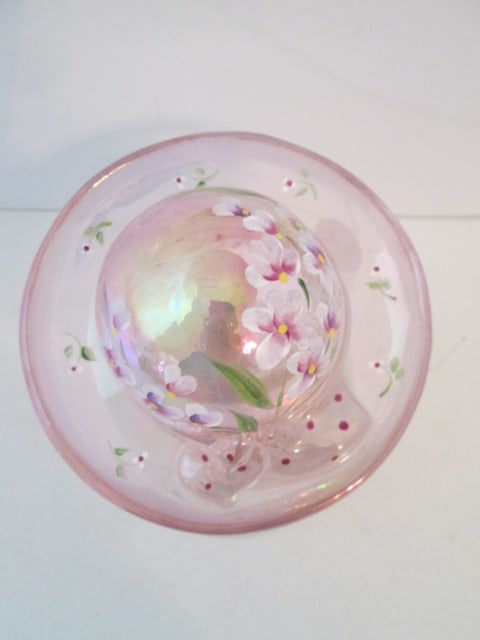 Fenton Signed Handpainted Pink Art Glass Bonnet with Wood Stand - 2