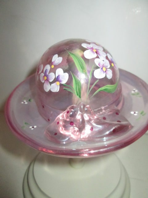 Fenton Signed Handpainted Pink Art Glass Bonnet with Wood Stand - 3