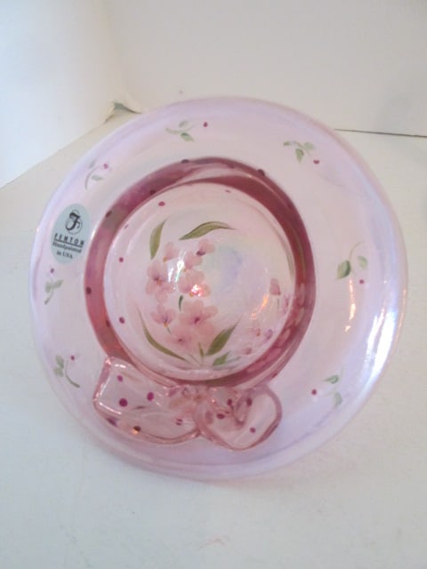 Fenton Signed Handpainted Pink Art Glass Bonnet with Wood Stand - 4