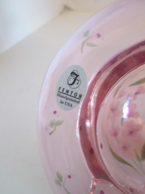Fenton Signed Handpainted Pink Art Glass Bonnet with Wood Stand - 5