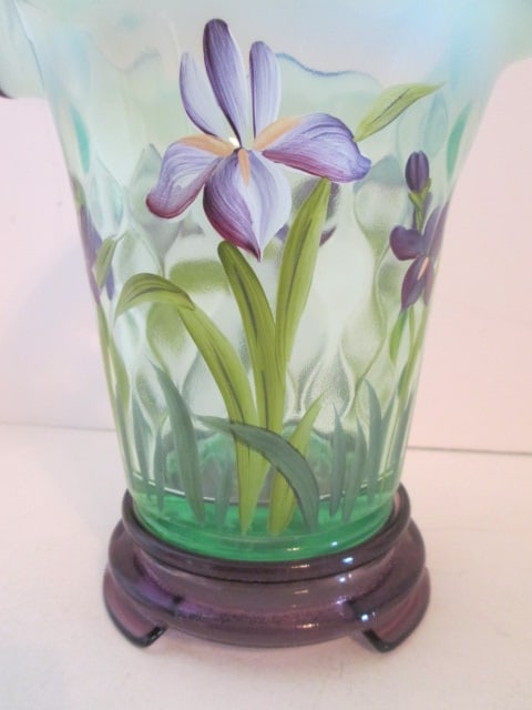 Fenton Signed Handpainted Amethyst Crested Opalescent Flared Vase with Amethyst - 2