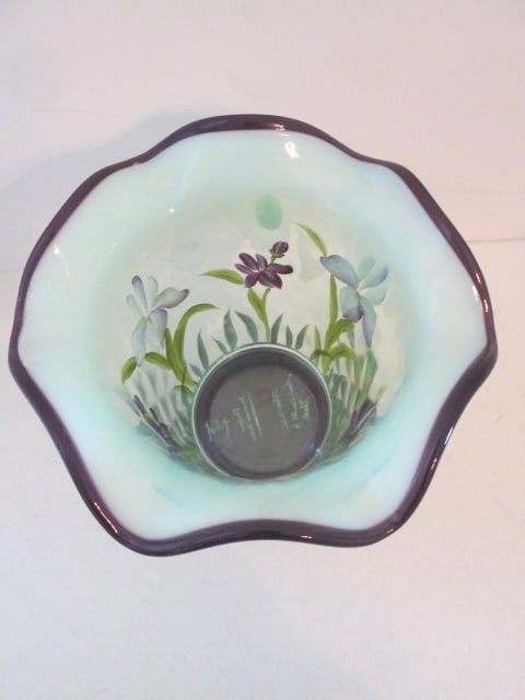 Fenton Signed Handpainted Amethyst Crested Opalescent Flared Vase with Amethyst - 3