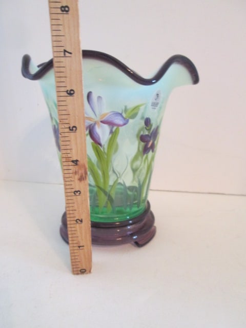 Fenton Signed Handpainted Amethyst Crested Opalescent Flared Vase with Amethyst - 7