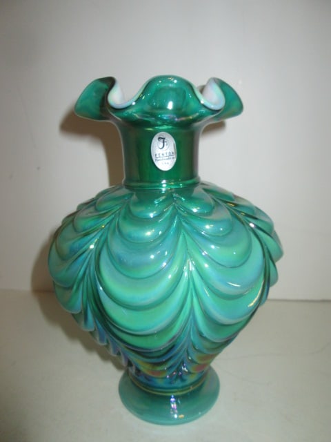 Fenton 95th Anniversary Green Opalescent Cased Optic Drape Design Ruffle Vase: 7 3/4"h, has Fenton 95th silver foil sticker