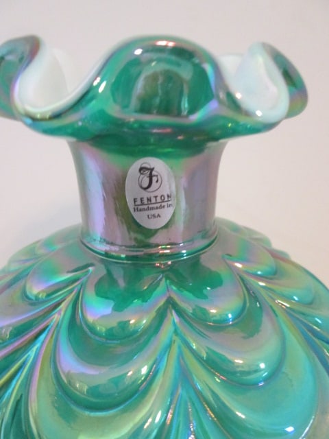 Fenton 95th Anniversary Green Opalescent Cased Optic Drape Design Ruffle Vase - 3