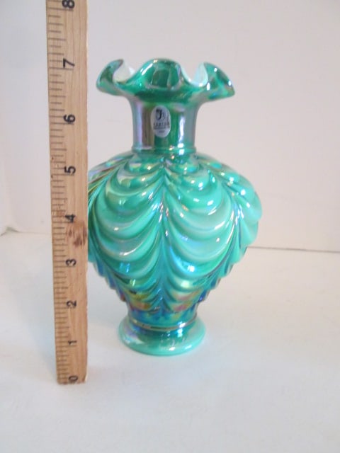 Fenton 95th Anniversary Green Opalescent Cased Optic Drape Design Ruffle Vase - 6