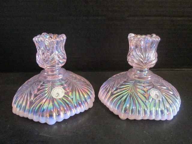Pair of Fenton 95th Anniversary Pink Opalescent Candle Holders: 3 1/2"h, has Fenton 95th silver foil stickers