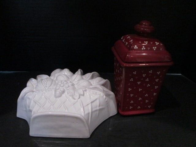 Winterling Red Ceramic Lidded Jar and White Glazed Terra Cotta Fruit Basket Mold: Jar 7 1/2"h, Mold 8 1/2" z 7" x 3"
