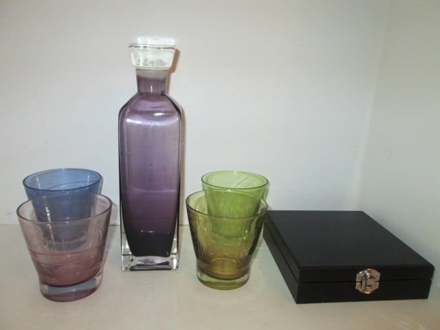 Four Etched Design Colored Glass High Ball Glasses, Cased Amethyst Glass Stoppered Bottle: and Wine Opener/Charm Set in Storage Box. High balls 4"h, Decanter 10 1/2"h