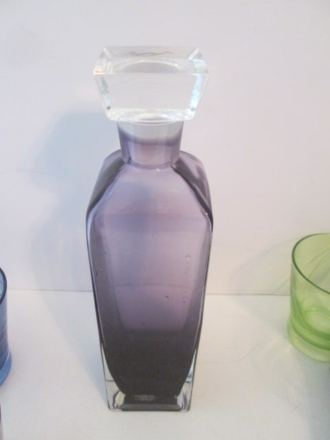 Four Etched Design Colored Glass High Ball Glasses, Cased Amethyst Glass Stoppered Bottle - 4
