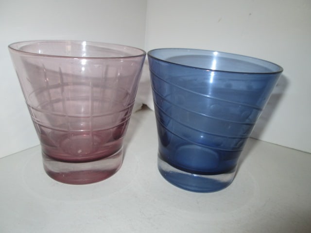 Four Etched Design Colored Glass High Ball Glasses, Cased Amethyst Glass Stoppered Bottle - 6