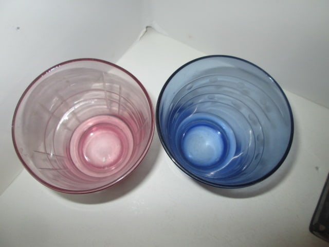 Four Etched Design Colored Glass High Ball Glasses, Cased Amethyst Glass Stoppered Bottle - 7