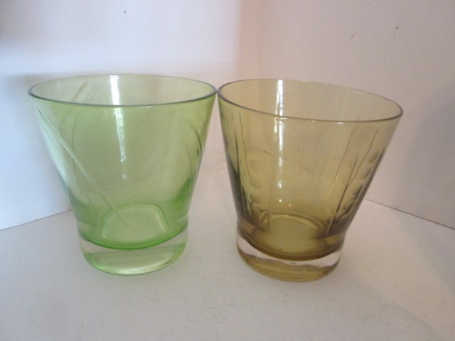 Four Etched Design Colored Glass High Ball Glasses, Cased Amethyst Glass Stoppered Bottle - 8