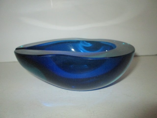 Midcentury Free Form Blue Art Glass Ashtray: 6" x 5" x 2 1/4", polished ground pontil