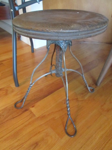 Antique Swiveling Oak Piano/Organ Stool with Wrought Iron Base: 14"dia x 18"h, Local Pickup Only