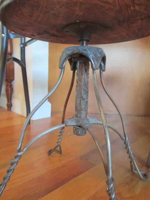 Antique Swiveling Oak Piano/Organ Stool with Wrought Iron Base - 2