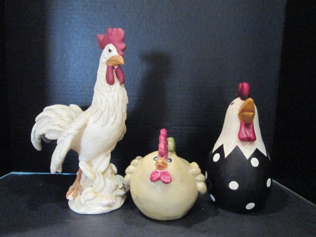Three Farmhouse Chic Chicken Figures: .