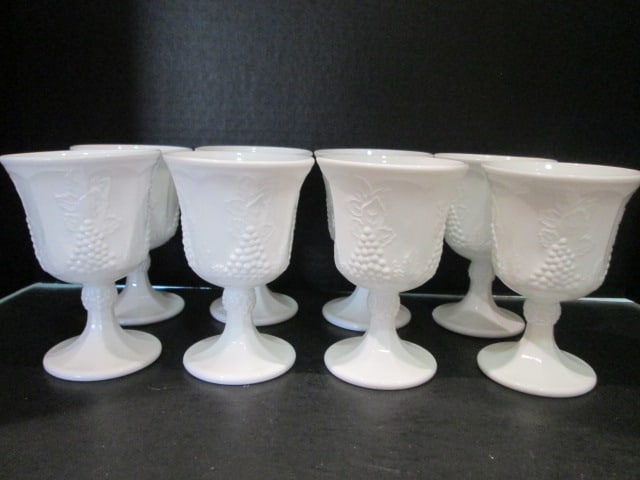 Eight Midcentury Grapevine Milk Glass Goblets: 5 1/4"h
