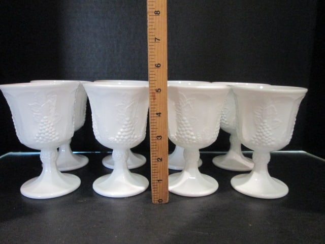 Eight Midcentury Grapevine Milk Glass Goblets - 5