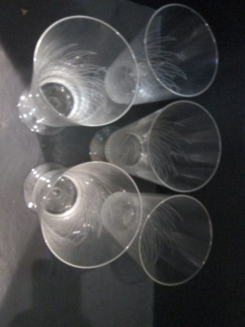 Five Retro Etched Reed Design Flat Bottom Short Stem Water Goblets - 2