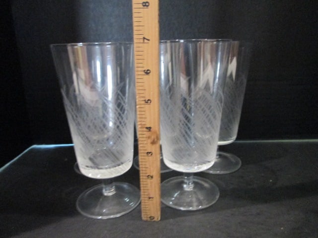 Five Retro Etched Reed Design Flat Bottom Short Stem Water Goblets - 6