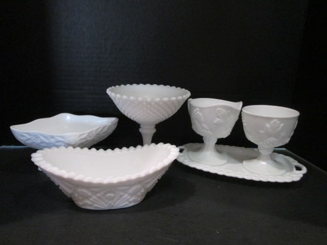Midcentury Milk Glass Creamer and Sugar Set, Compote and Tidbit Bowls: .
