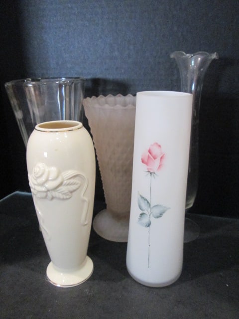 Five Porcelain and Glass Vases: Lenox, Pink Satin Glass, Cased Satin Glass and Etched Clear Glass