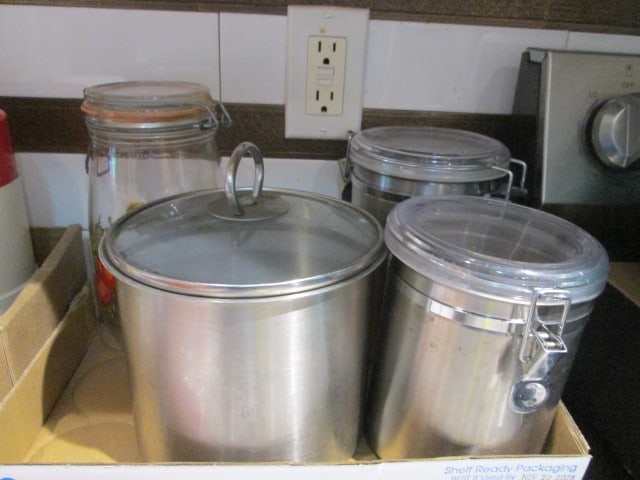 Glass Lock Lid Canister, Two Stainless Lock Lid Canisters and Tramonita 3 Quart: Stainless Canister