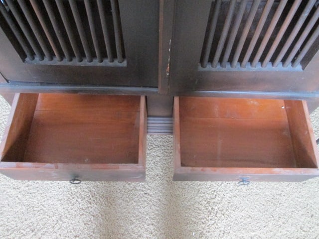 Asian Inspired Wood Cabinet with Spindle Doors/Sides and 2 Drawers - 2