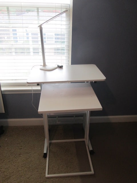 White Metal Chair Side Table, Tiered Adjustable Work Table and G-Cord LED Lamp: Side table 16" x 16" x 26 1/4", Work table 23 1/2" x 16" x 30 1/2", Lamp 16"h, Local Pickup Only
