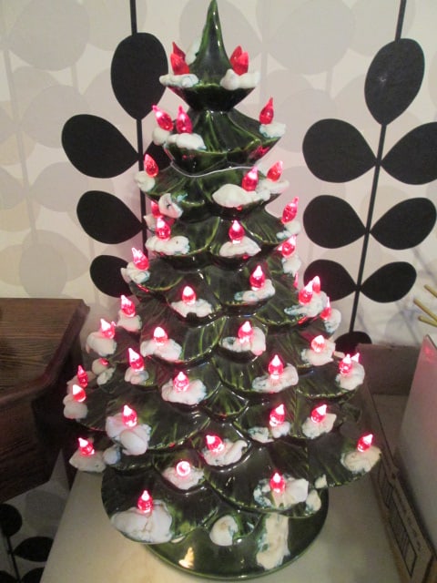 Snow Capped Bough Ceramic Christmas Tree with Music Box Base: 18 1/2"h, base winds and plays "Winter Wonderland", has all reg pegs and works, Local Pickup Suggested