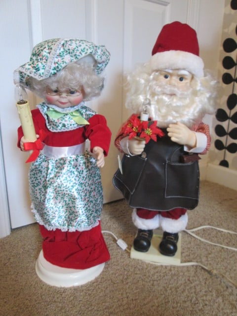 Electric Animated Santa and Mrs. Claus Dolls: approx. 24"h, both work, Santa is missing candle sleeve and glasses, Local Pickup Only